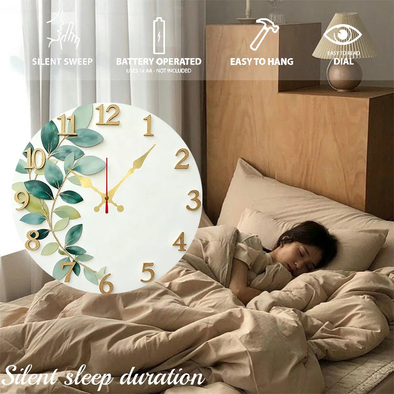 Horloge Mural Bois Ronde Silencieuse Feuille Verte Déco.
