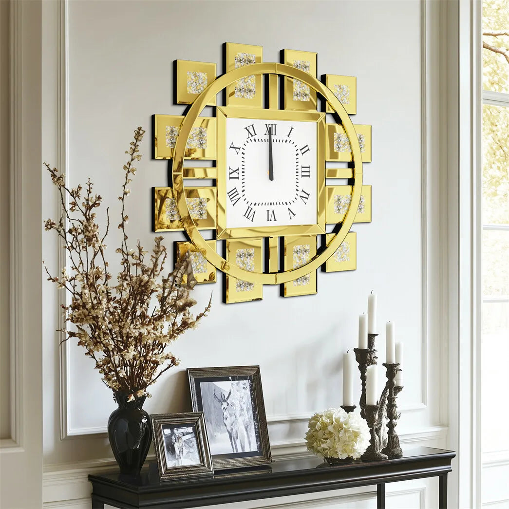 Horloge Mural Grande Miroir Strass Scintillant Argent Or