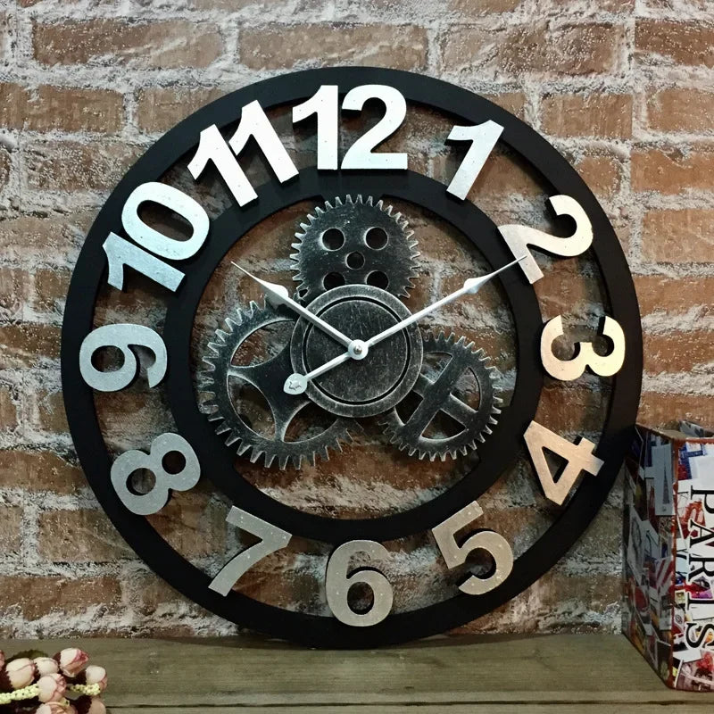 Horloge Mural Bois Engrenages Rétro Silencieuse 3D