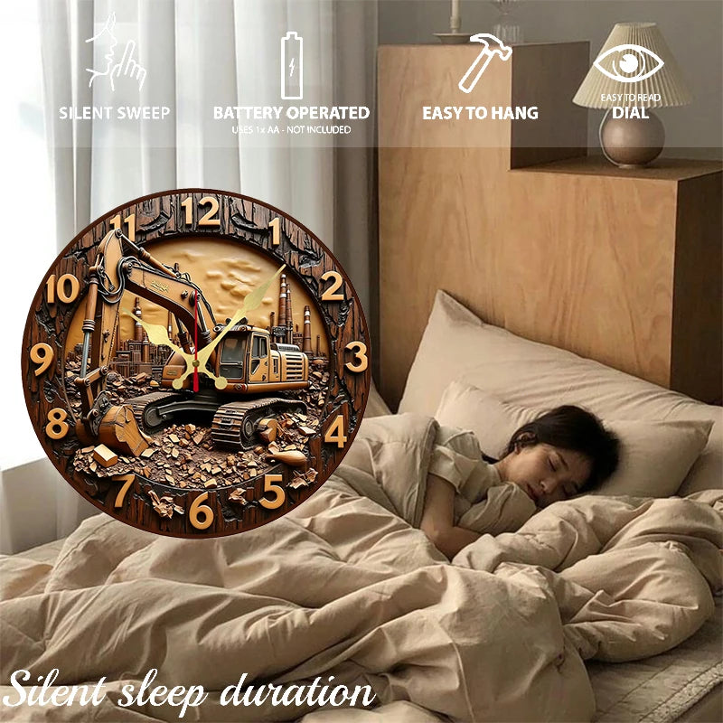 Horloge Mural Bois Excavatrice Industrielle Silencieuse Déco