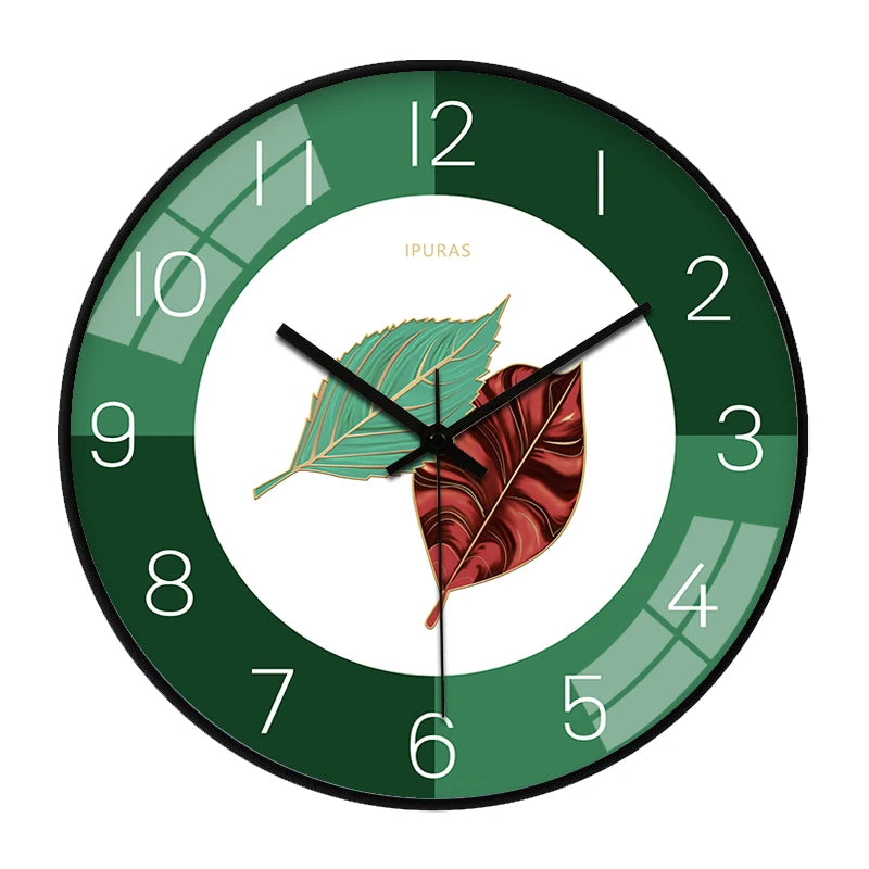 Horloge Mural Ronde Feuilles Vertes Moderne Silencieuse Salon.